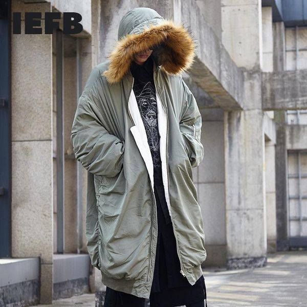 

men's down & parkas iefb /men's wear korean style fur collar long coat male green winter oversize warm zipper large size 9y3598, Black