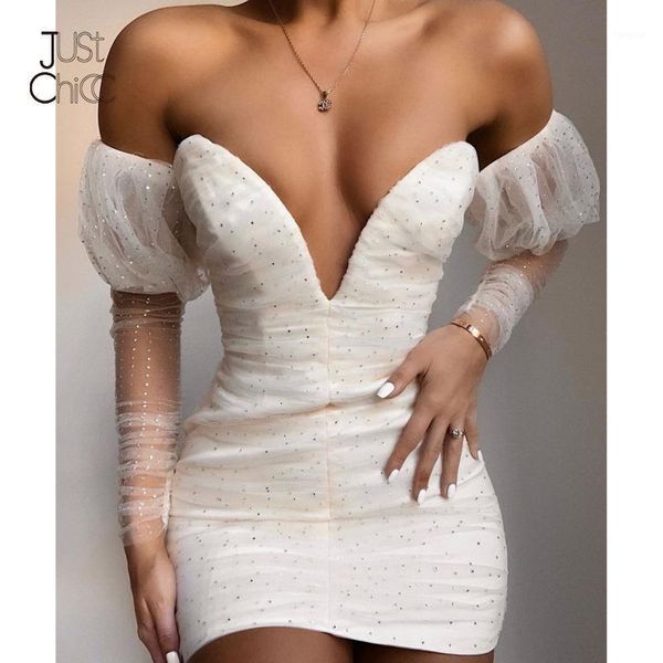 

justchicc white mesh sequin long sleeve dress off shoulder deep v neck mini dress women zipper night club vestidos1, Black;gray