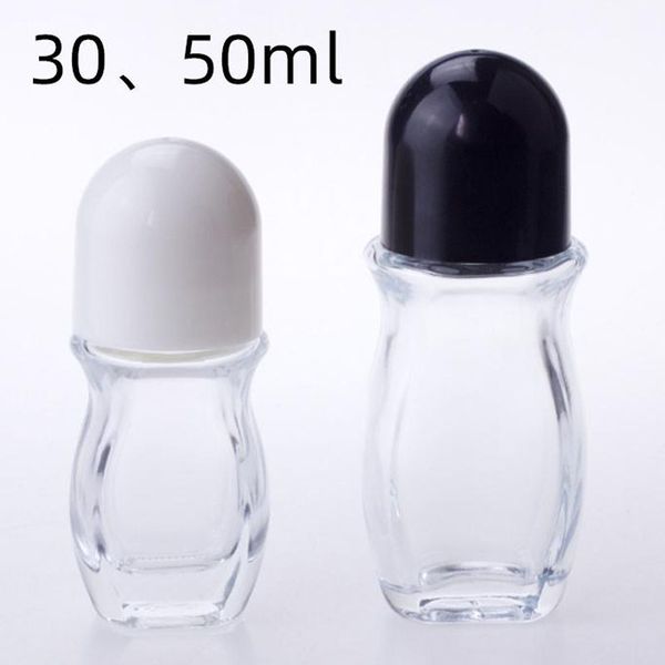 30ml 50ml Clear vidro essencial óleo frasco de perfume plana rolo em garrafas com grande rolo de plástico para o corpo de desodorante corporal essencial