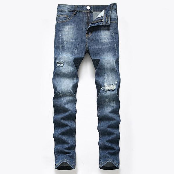

2d factory spot wholesale cross-border supply holes in jeans men europe and the united states elastic pants fall new1, Blue
