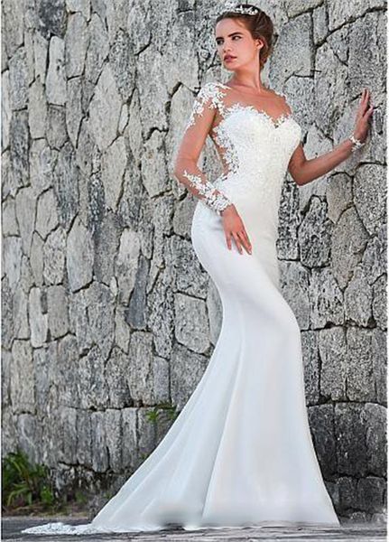 

sheer satin mermaid wedding dresses long sleeves tulle lace applique sweep train wedding bridal gowns with buttons robes de mariée, White