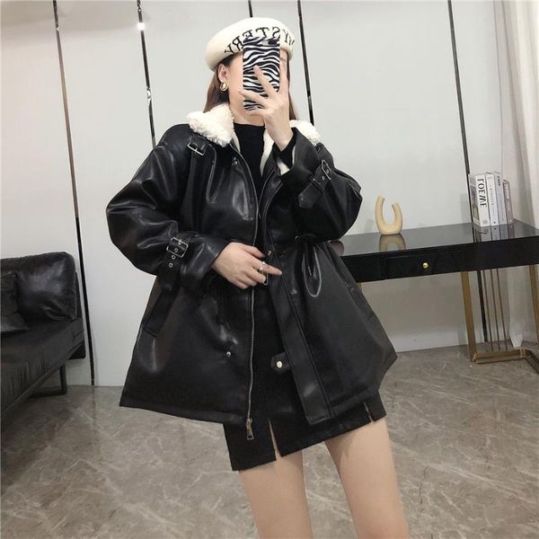 

streetwear plus size women drawstring pu leather motorcycle biker jacket autumn winter mid-length loose thicken plush warm coat, Black