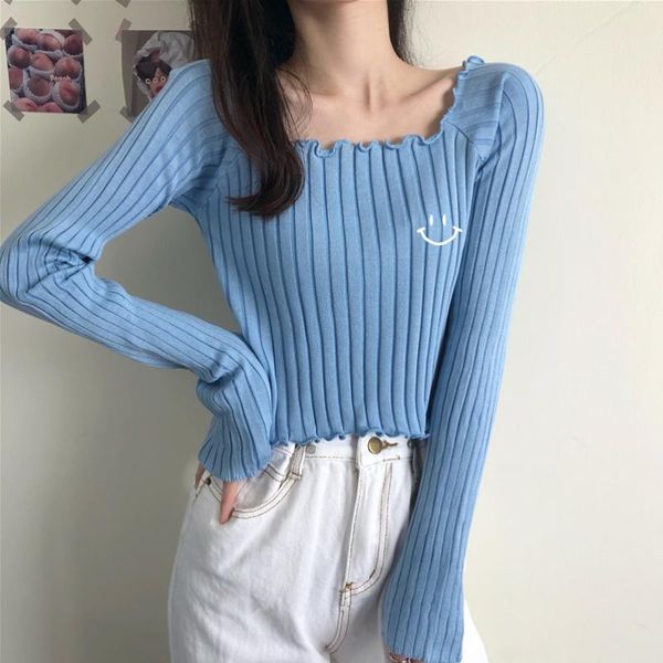 

women's sweaters ruffles knitted striped sweater women smile korean slim cropped slash neck knitwear spring pullovers elegant casual x, White;black