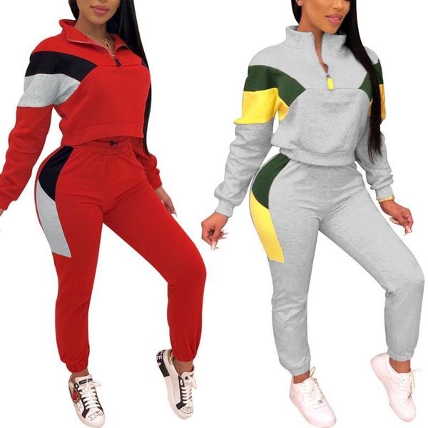 

2 pcs women color block outfits, adults casual style long sleeve stand collar pullover + trousers, Gray