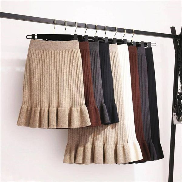 

women knitted mermaid skirt high waist pleated ruffles ladies bottoms solid elastic 2020 spring autumn female elegant skirts, Black