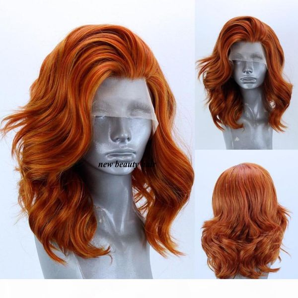 

new copper red auburn color short body wave bob wigs orange color synthetic lace front wig for women with part, Black