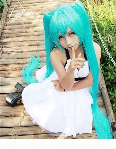 

european and american fashion ladies cartoon anime wig female green 120cm hatsune super long straight hair with double ponytail wigs, Black