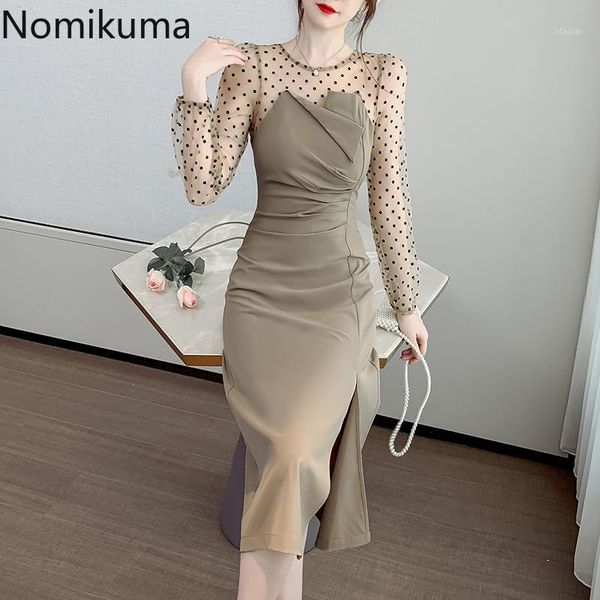

casual dresses nomikuma autumn dress women dot mesh patchwork split long sleeve fake two piece korean style vestidos mujer 3d3731, Black;gray