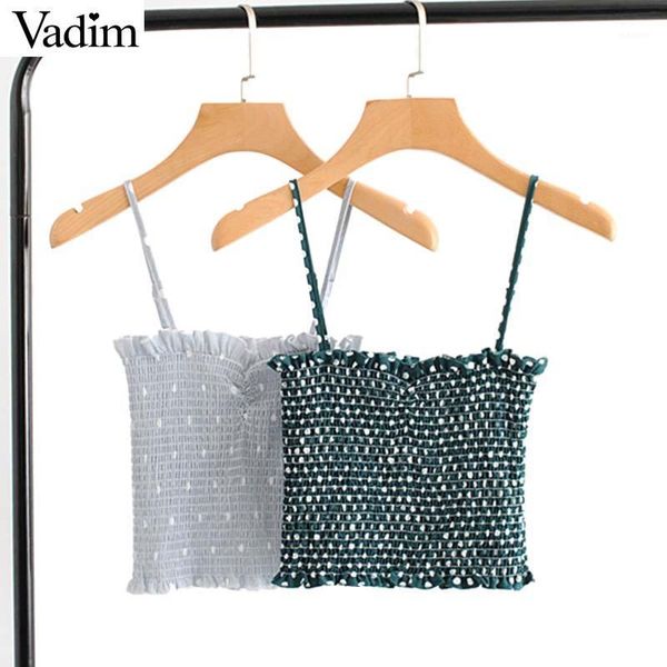 

vadim women polka dots short style blouse sleeveless ruffles elastic pleated female casual sweet chic summer blusas wa3691, White