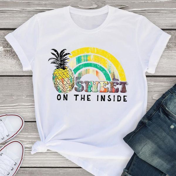 

women graphic short sleeve sweet rainbow pineapple beach summer lady womens clothing t-shirt shirt tees female t shirt, White