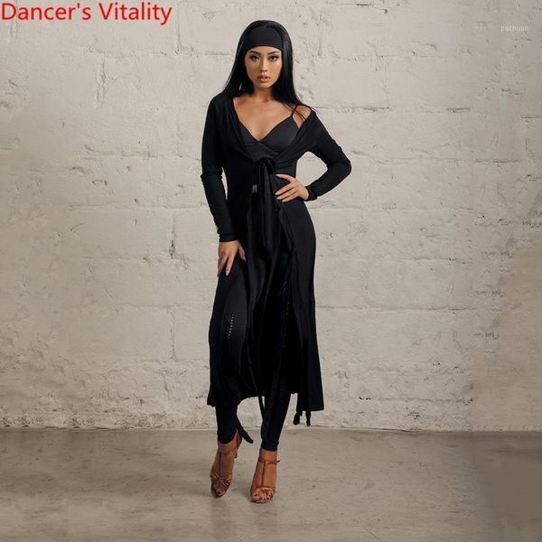 

latin dance practice clothes winter black long coat with ribbon women rumba samba tango cha cha salsa dancers training outfits1, Black;red