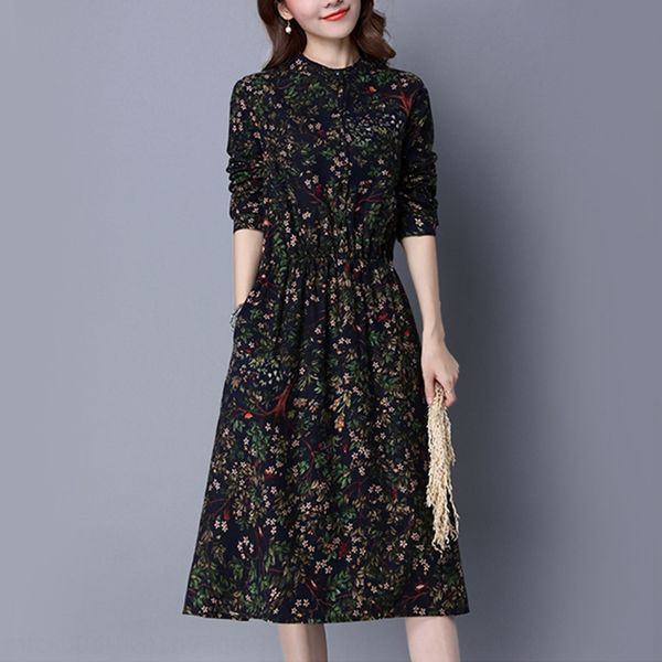 

цветочные платья для женщин 2020 осень платье dressflower dressnew талии закрыты длинным рукавом средней длины свободно похудение типа больш, Black;gray