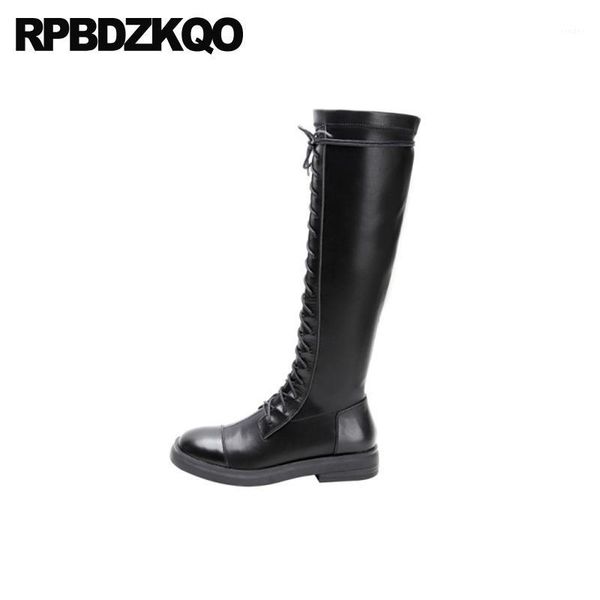 

boots autumn shoes women black long knee high lace up winter round toe casual chunky low heel genuine leather tall1