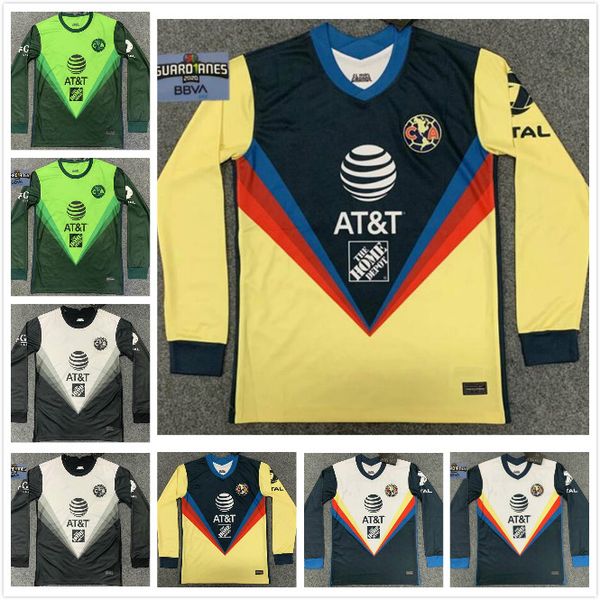 

20 21 america long sleeve g.dos santos r.sambueza blue yellow jersey soccer 2020 2021 mexico club home away p.aguilar football shirt s-3xl, Black;yellow