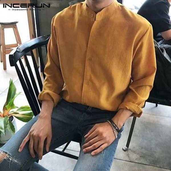 

men's casual shirts incerun men shirt brand cotton breathable solid color long sleeve button lapel 2021 streetwear camisas hombre s-5x, White;black