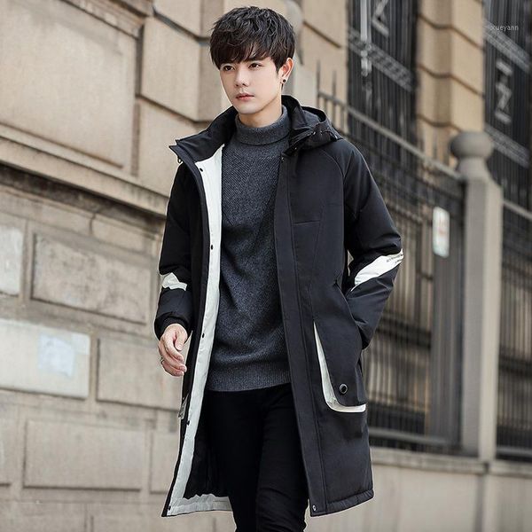 

2020 new men's korean version of warm white duck down men's autumn winter hooded mid length down jacket fashion1, Black