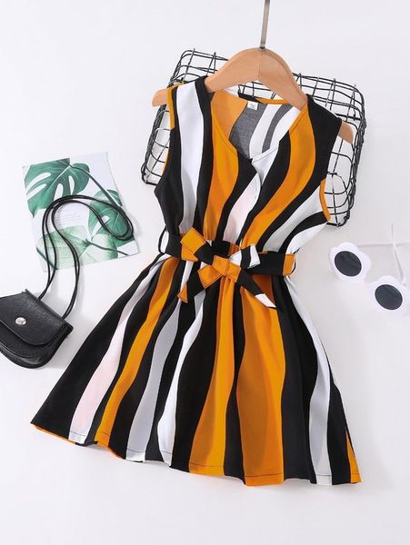 

toddler girls wave striped belted dress she, Red;yellow