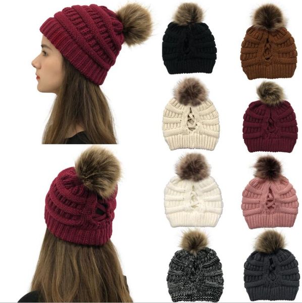 

ladies back opening cross knit hat 2020 european and american new products ladies detachable ponytail woolen cap gd879, Blue;gray