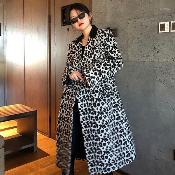 

ewq]2020 winter mujer over knee turn-down collar long-sleeved patchwork leopard straight minimalist woolen overcoat 8d6681, Black