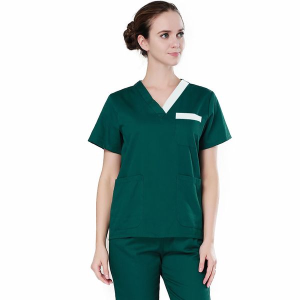 

plug size s-4xl women medical uniforms pure cotton nurse scrubs short sleeve v-neck shirt and drawstring pants hospital clothes, White