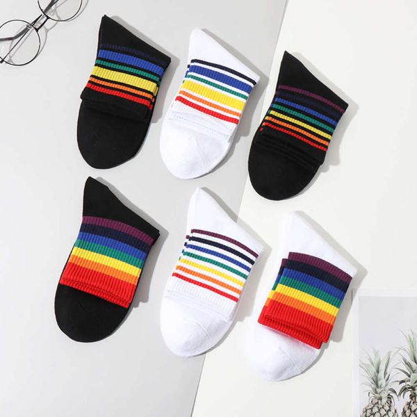 

children rainbow middle tube pure cotton girls high help lovers net red tide striped stockings retail cartoon socks men hosiery sale, Black;white