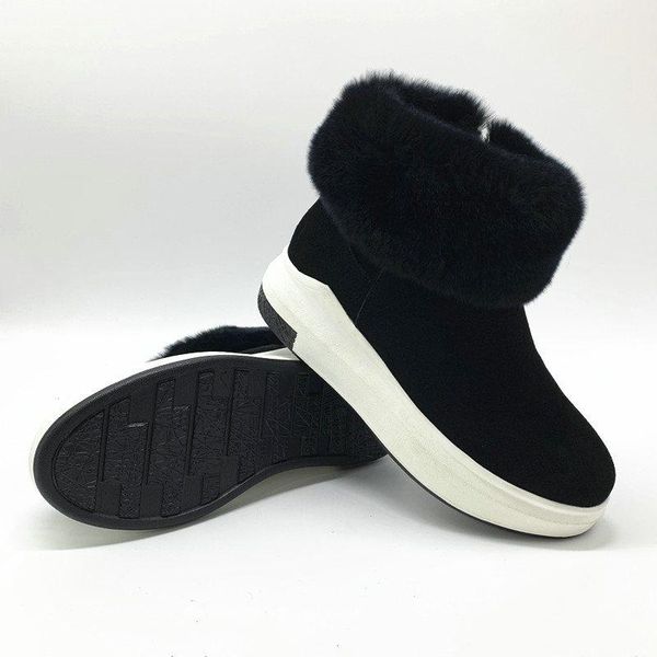 

100% real fur suede leather snow boots winter warm women ankle boots flat platform femal shoes black gray big size 33-43