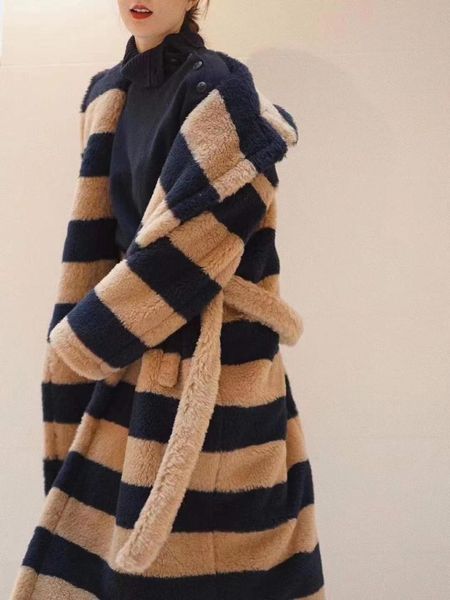 

women's wool & blends coat stripe teddy bear fur women alpaca loose 2021 winter thicken high-end, Black