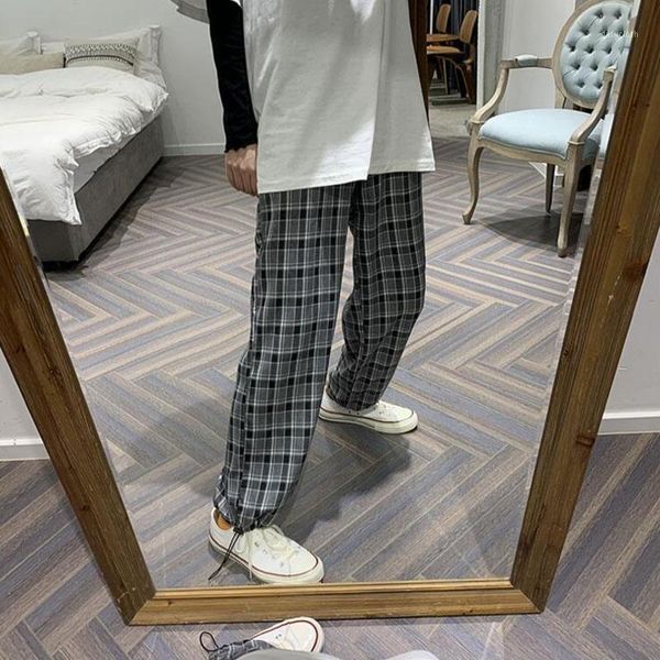

spring summer plaid pants men's fashion hit color retro straight pants men streetwear wild loose korean casual mens s-2xl1, Black