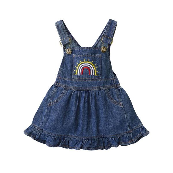 

2021 baby summer clothing baby girl fashion suspender denim dress sweet rainbow embroidered a-line princess dresses pocket, Red;yellow