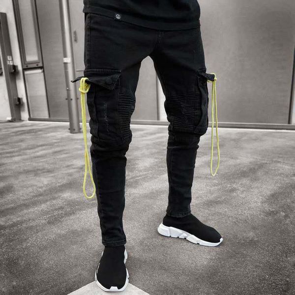 

europe and america selling men black jeans pencil case elasticity with holes zipper skinny pants fashion, Blue