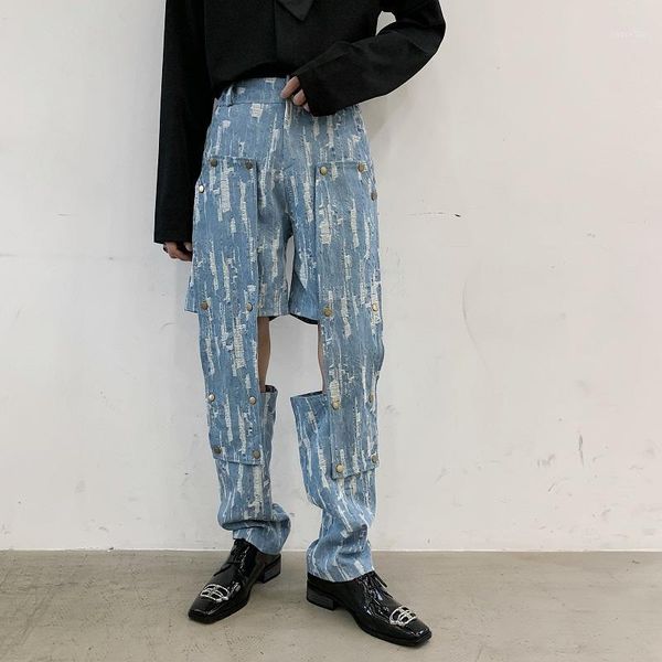 

male women japan harajuku streetstyle hip hop denim pants trousers stage show clothing men removable leg casual jeans1, Blue