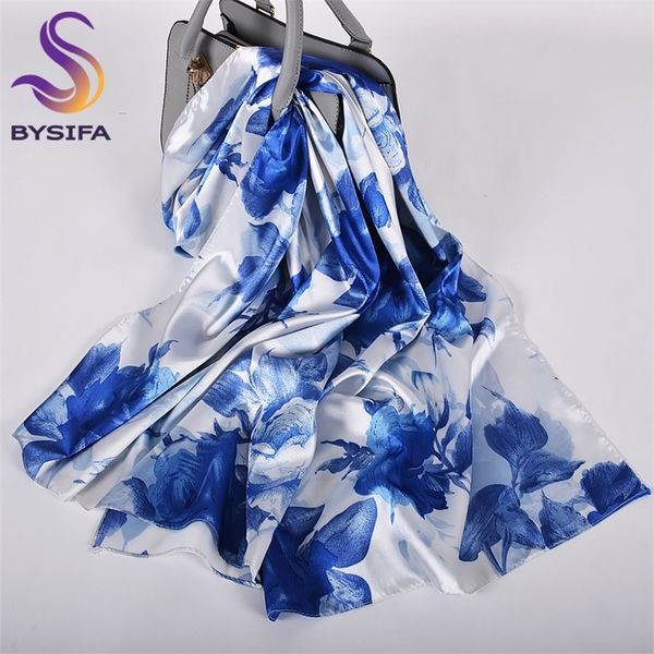 

bysifa] blue white roses women silk scarf cape new spring satin long scarves wraps elegant ladies head scarf 160*70cm y201007, Blue;gray