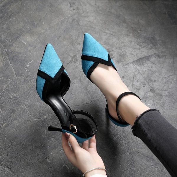 

women's shoes 2021 pointed toe stiletto 5cm/8.5cm high heels with one word buckle color matching women's single shoes, Black