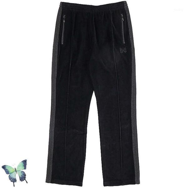 

needles black velvet butterfly embroidery webbing side pants trouser men women zipper pocket trousers fast shipping1