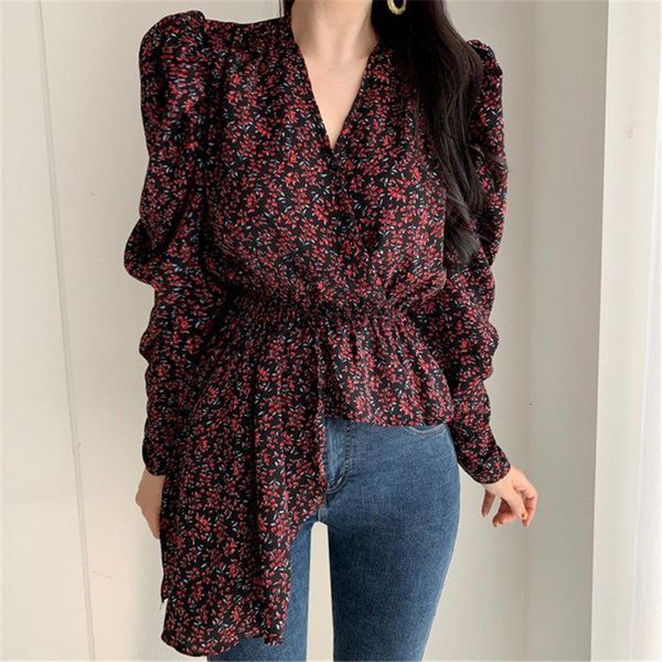 

new all-match summer elegance florals v-neck 2020 irregular puff sleeves chic loose sweet casual female shirts, White