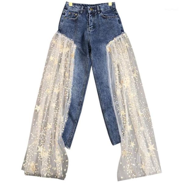 

2020 spring aummer new fashion jeans women side opening stitching stars mesh sequins heavy industry wide leg jeans1, Blue