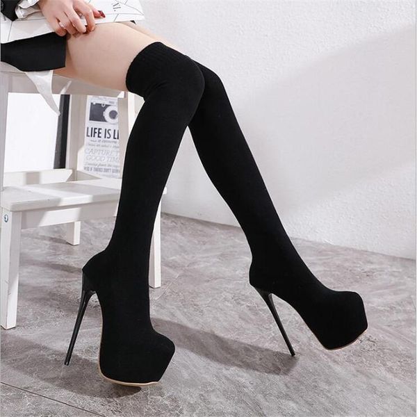 

2020 new fashion winter over the knee women boots stretch fabrics high heel slip on shoes pointed toe woman long boot size 35-401, Black