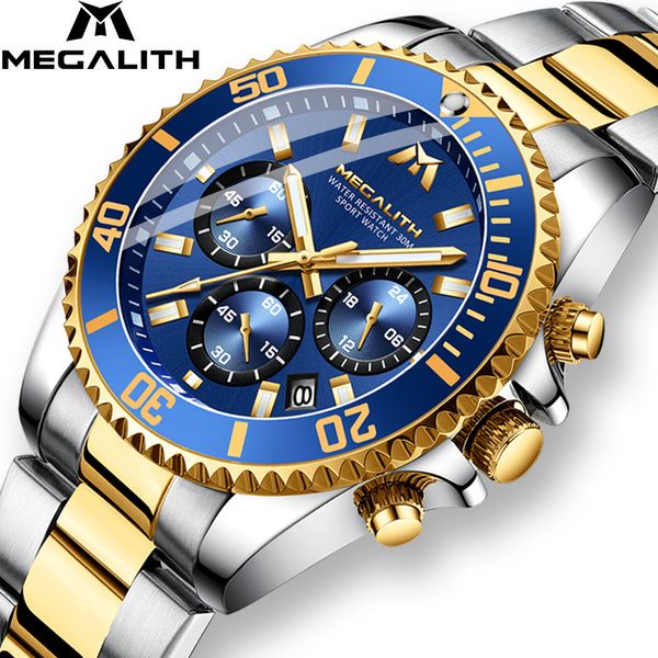 

megalith luxury mens sports chronograph waterproof analog 24 hour date quartz watch men full steel wrist watches clock