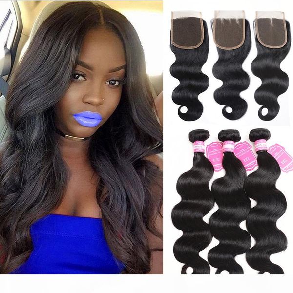 

brazilian body wave human hair weaves extensions 3 bundles with closure middle 3 part double weft 100g pc, Black;brown