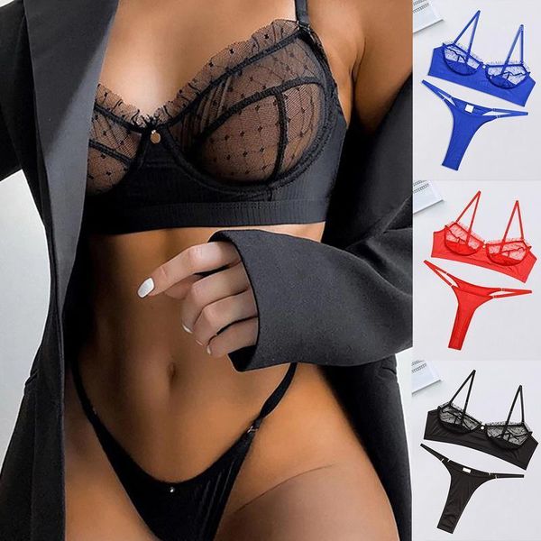

women nightwear see-through lingerie floral mesh v-neck sling bra elastic briefs sissy black underwear sets1, Red;black