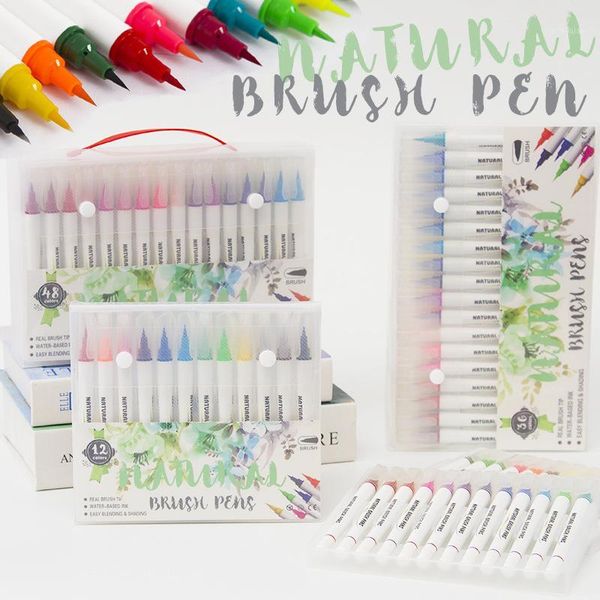 

gift sets creative 12/24/36/48 colors water based dye ink art marker white barrel soft watercolor brush pen for drawing manga1