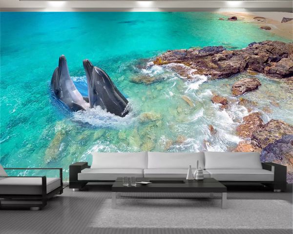 Özel 3d Hayvan Duvar Kağıdı Duvar kağıdı Çift Yunuslar Güzel Seascape HD Dijital Baskı 3d duvar kağıdı Boyama 3d
