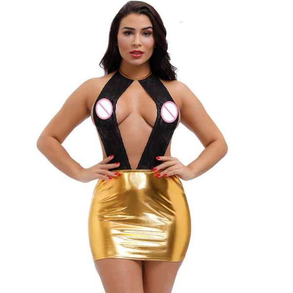 

halter deep v lace faux leather mini dress bandage wet look ultra short dance dress, Black;gray