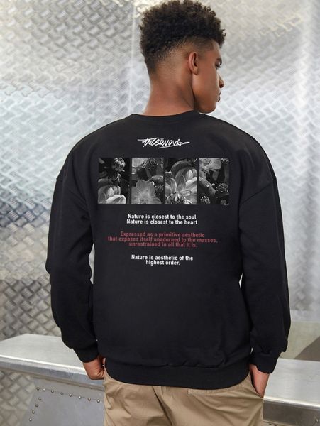 

men floral & slogan graphic drop shoulder pullover x9h9#, Black
