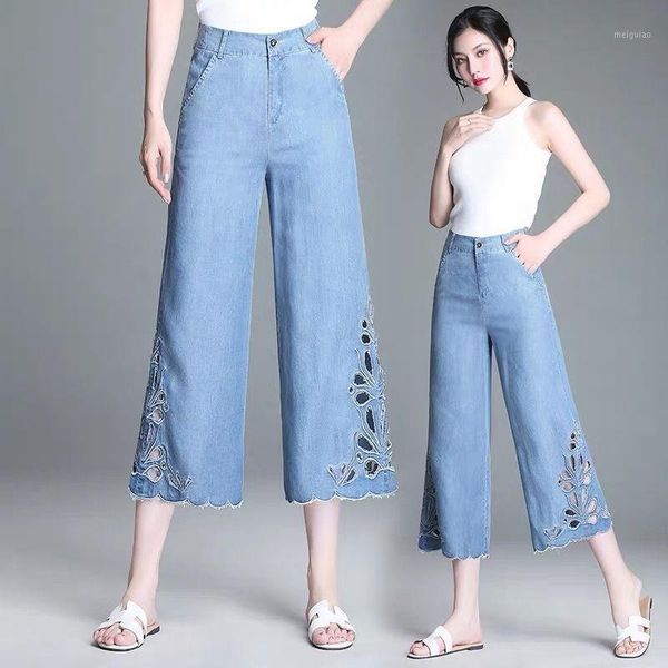 

women denim pants vintage trouser 2020 summer new button openwork embroidery wide leg pants for womens clothing jeans plus size1, Blue