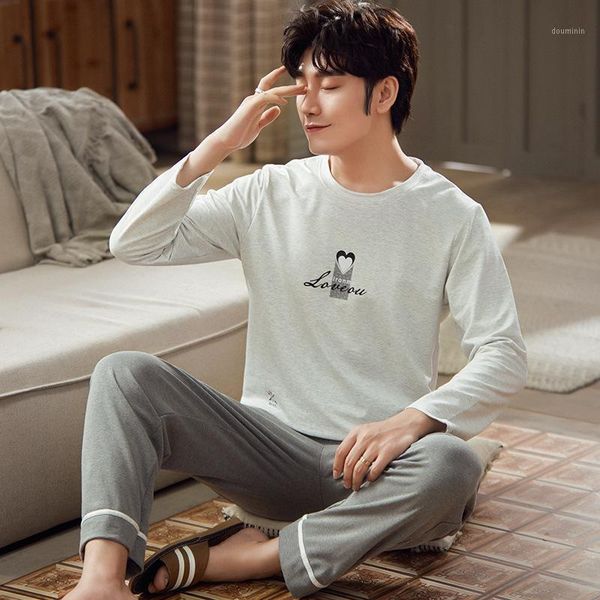 

fashion autumn pure gray pajama sets for men winter warm cotton male sleepwear simple love pattern home clothes lounge nightwear1, Black;brown