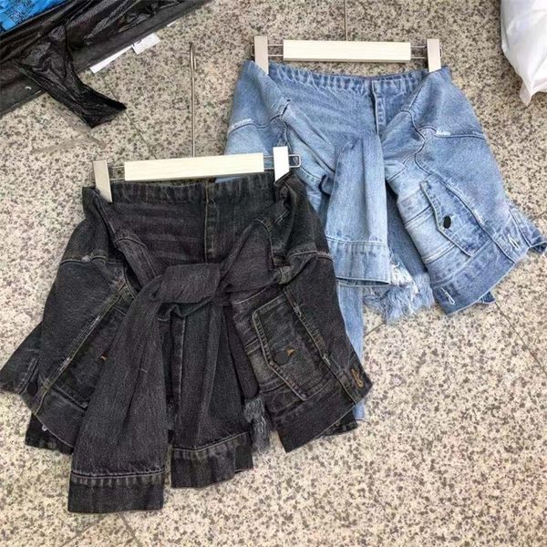 

spring summer jeans shorts new women's fake two pieces with knotted tassel loose denim shorts y200822, Blue