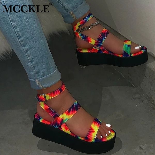 

mcckle women's sandals colorful flat platform summer print ladies ankle buckle strap sandalias mujer shoes female casual woman c1011, Black