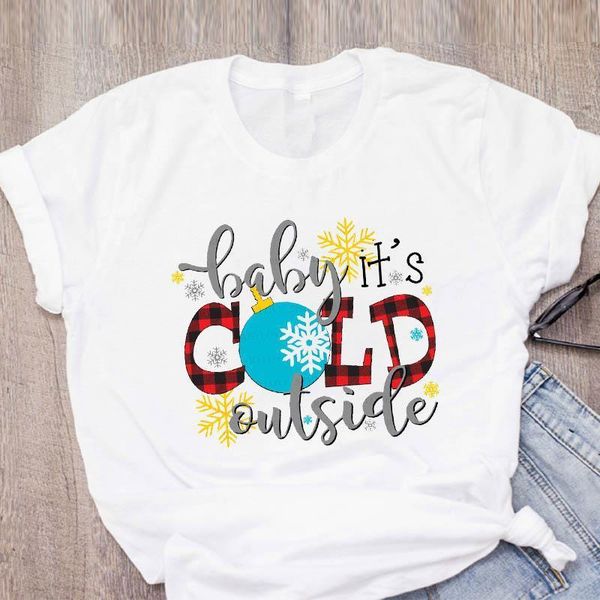 

women graphic plaid letter snowflake fashion new year merry christmas printed lady tees clothing female t shirt t-shirt, White