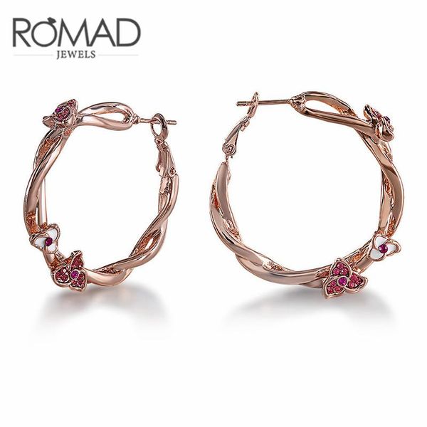 

charm roxi romad brand rose gold color flower hoop earrings for women pink crystal large twisted circle jewelry pendientes, Golden